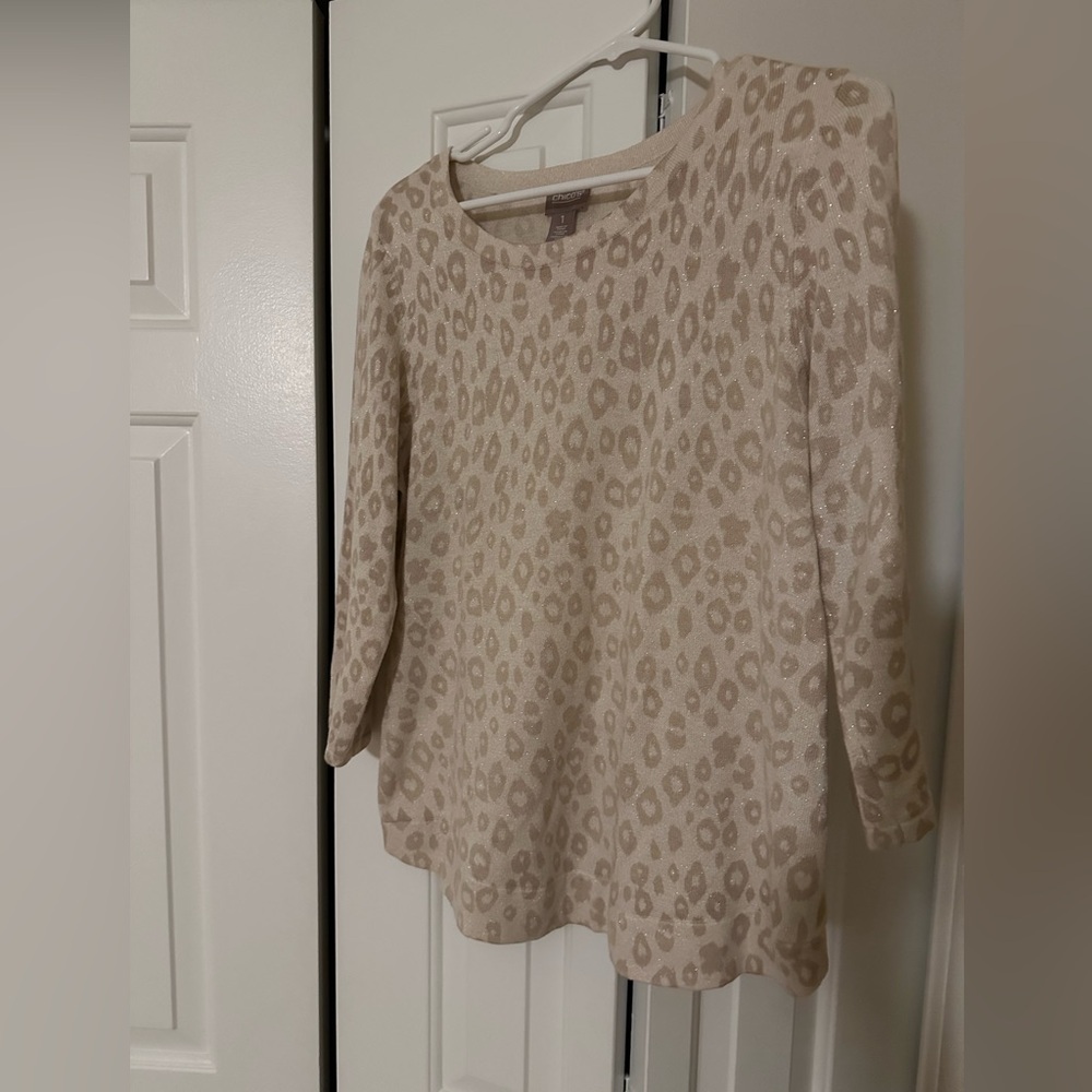 Chico's Cream Leopard Print 3/4 Sleeve Sweater